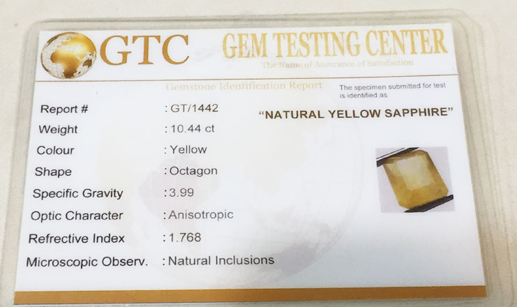 10.44 ct/11.50 ratti Natural Certified Bangkok Pukhraj/Yellow Sapphire